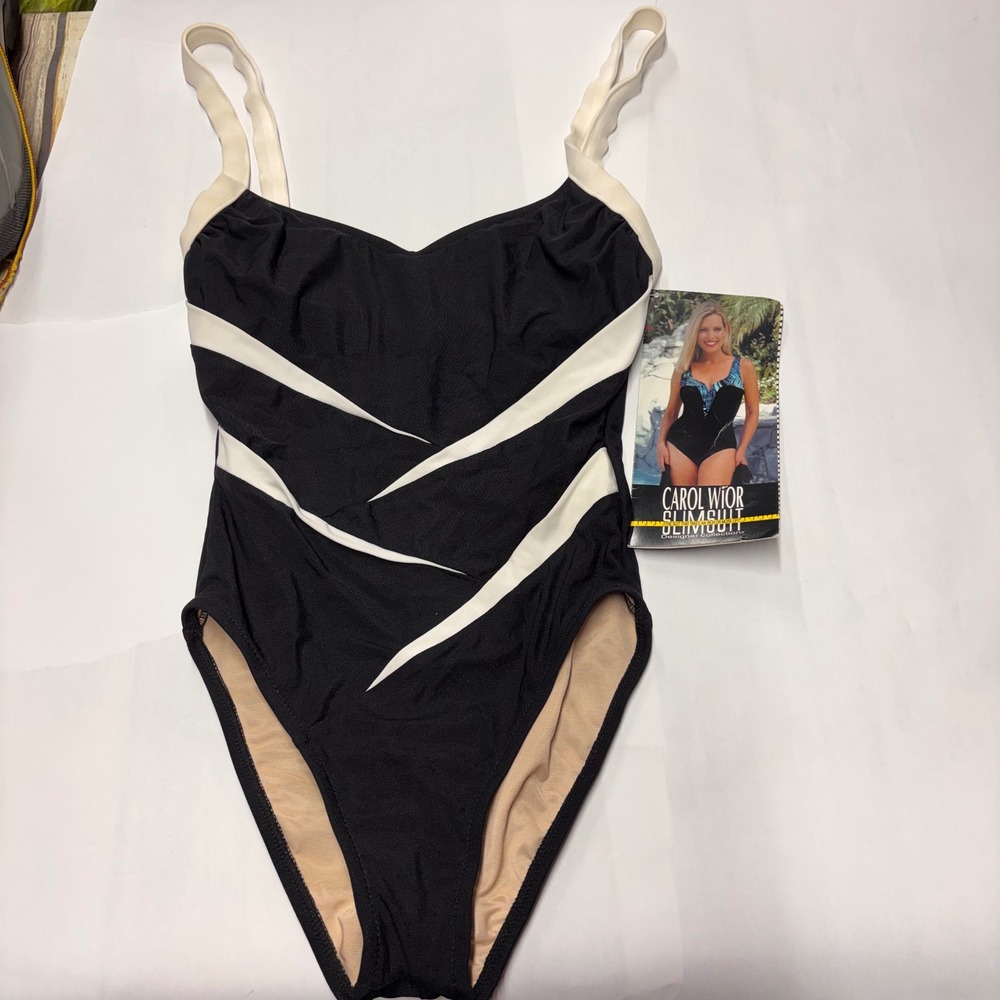 Carol Wior Slimsuit One Piece Swimsuit Black White Wrap Front Vintage USA NWT
